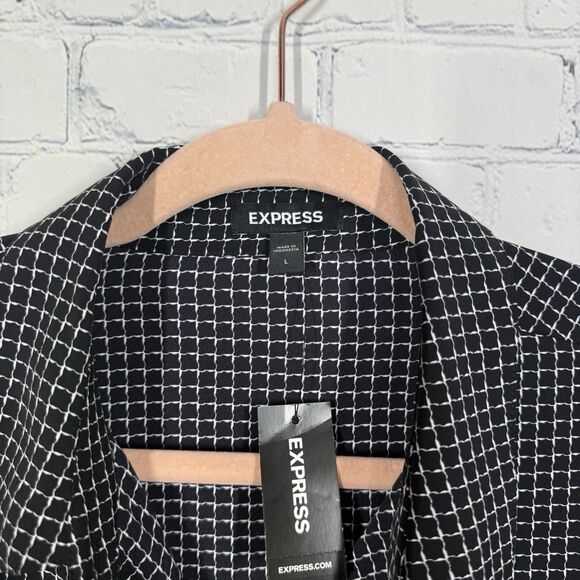 Express Blouse Women Large Check Geometric Abstract Flowy Long Sleeve Preppy Top - Picture 3 of 11